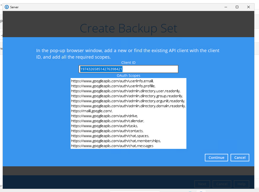 Create Backup Set screen showing the Client ID and OAuth scopes