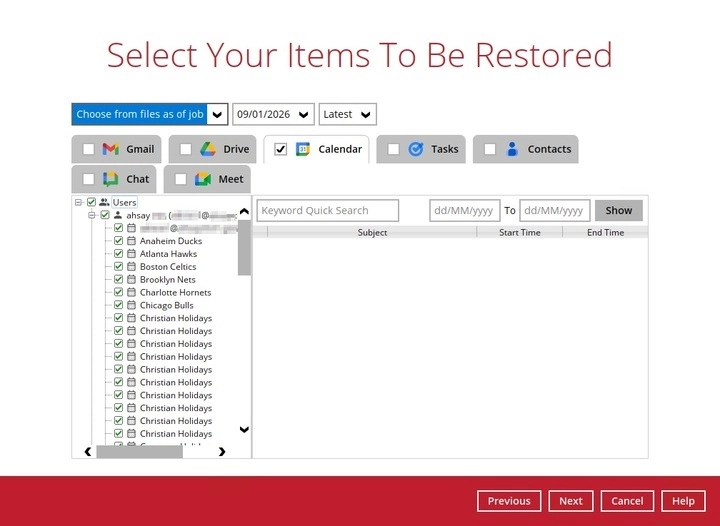 Selecting Calendar items to restore