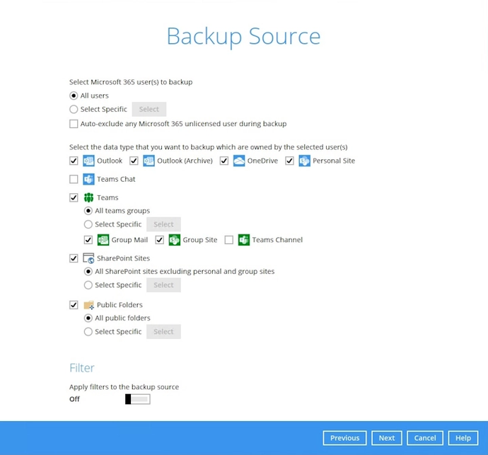 Microsoft 365 backup set step