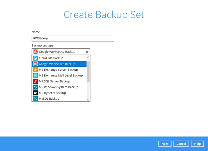 Google Workspace backup set step