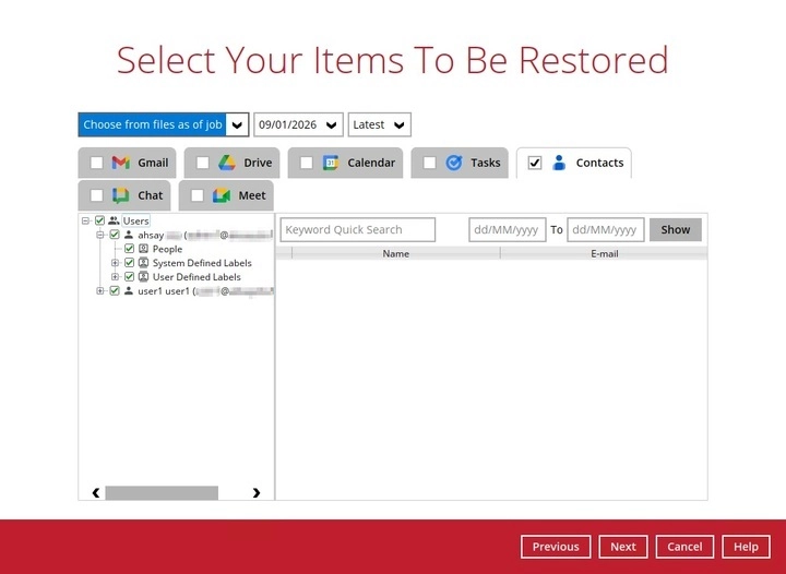Selecting Contacts to restore
