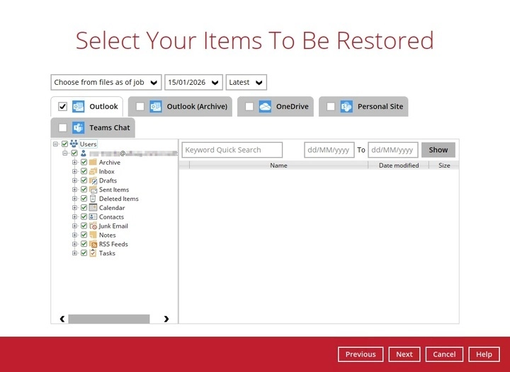 Selecting Outlook items to restore