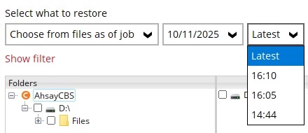 Selecting a backup job by date and time