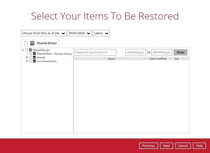 Selecting Shared Drive items to restore