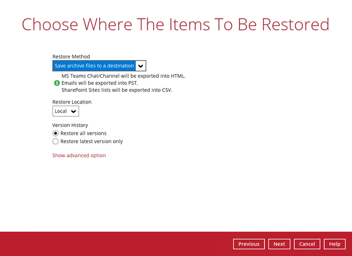 Save archive files to a destination