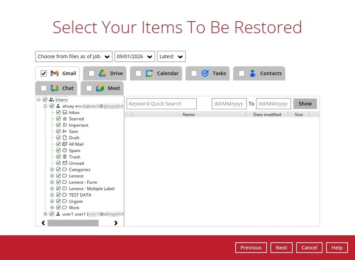 Selecting Gmail items to restore
