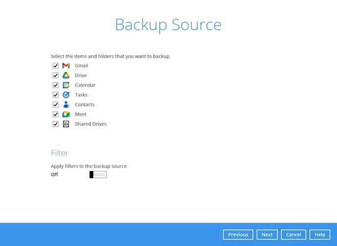 Google Workspace backup set step