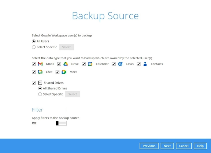 Google Workspace backup set step