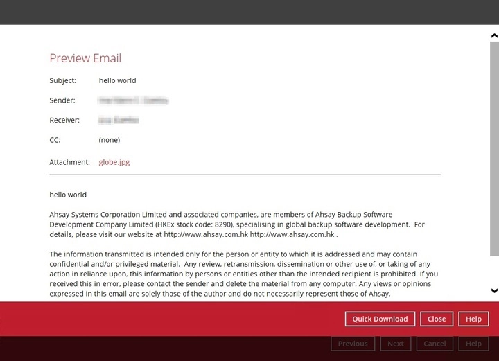 Previewing an email before restoring