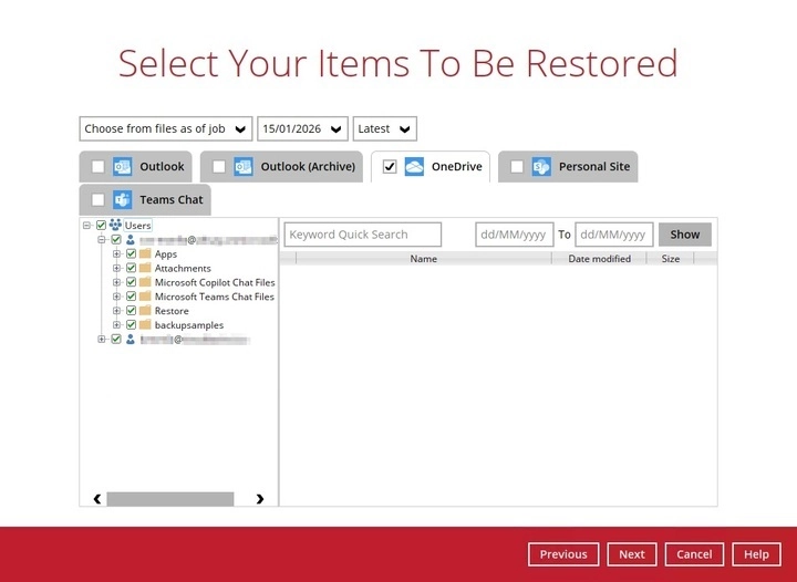 Selecting OneDrive items to restore