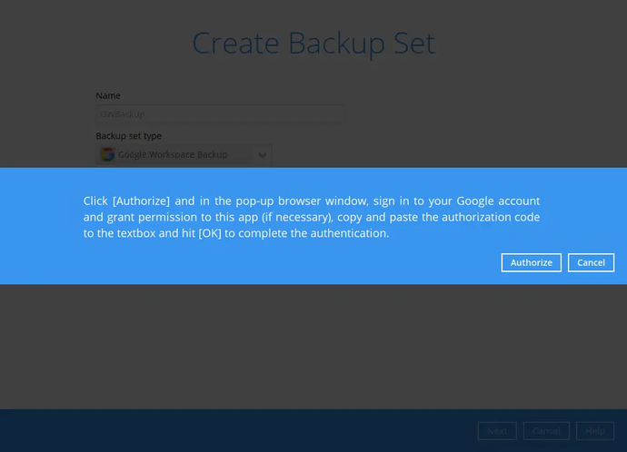 Google Workspace backup set step