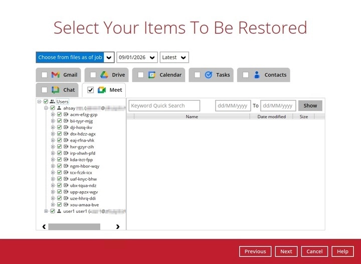 Selecting Meet items to restore