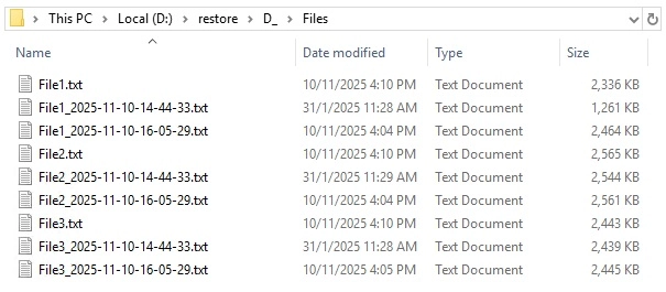 Restored versions with timestamps appended