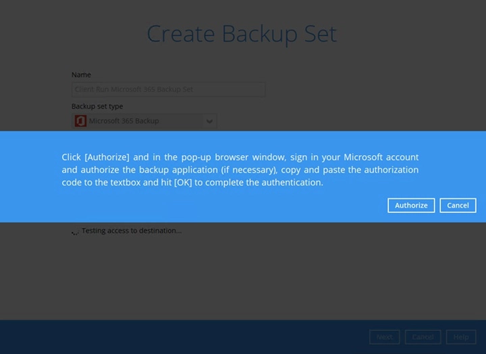 Microsoft 365 backup set step