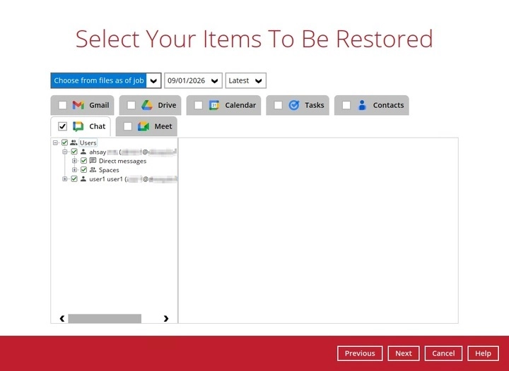 Selecting Chat items to restore