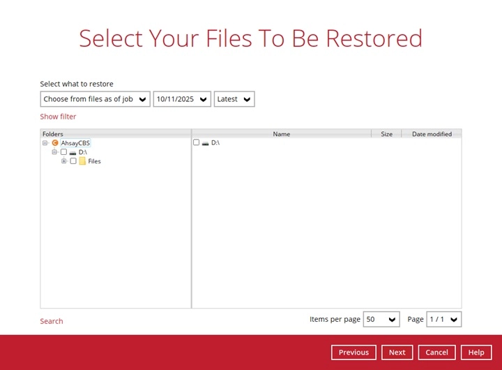 Selecting files to restore