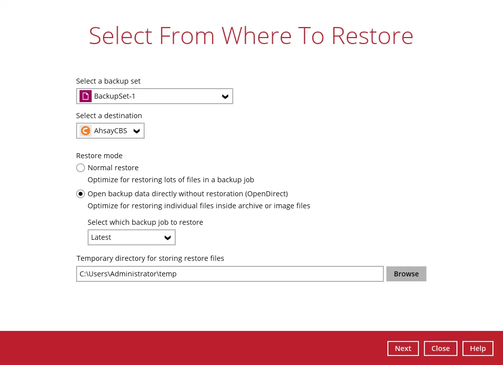 Selecting OpenDirect restore mode