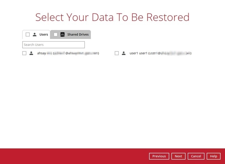 Selecting users to restore