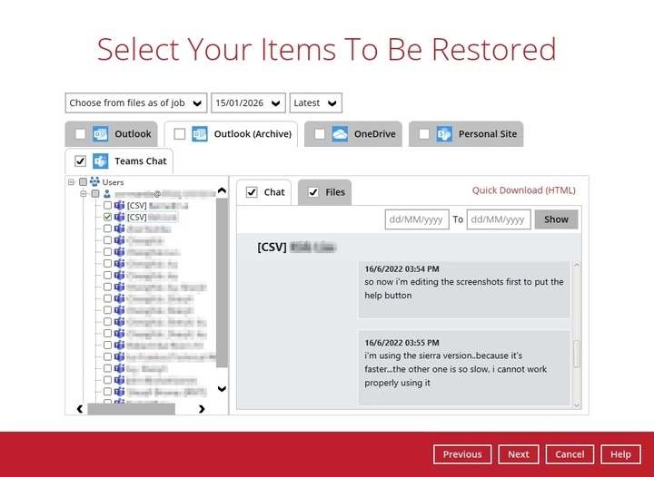 Selecting Teams Chat items to restore