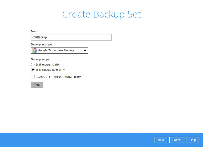 Google Workspace backup set step