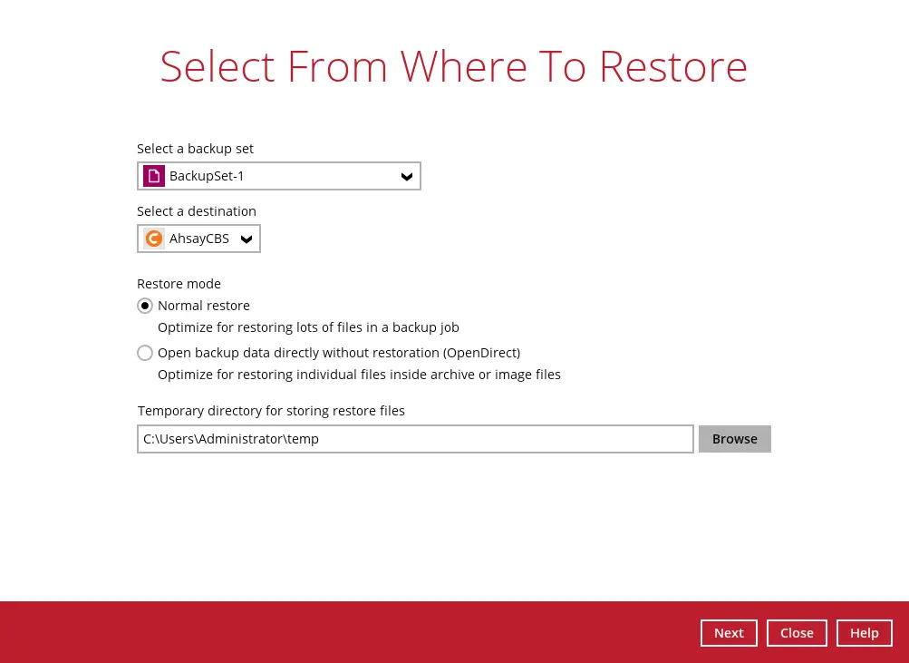 Selecting the backup set and restore mode