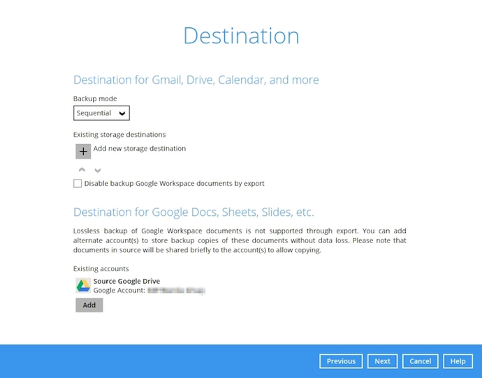 Google Workspace backup set step