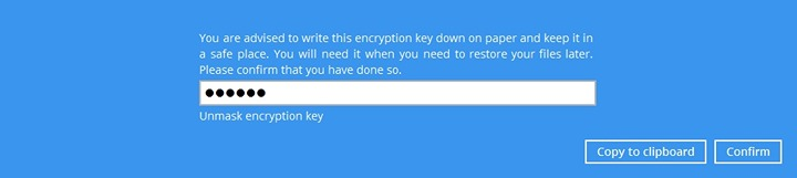 Encryption key pop-up with the key masked