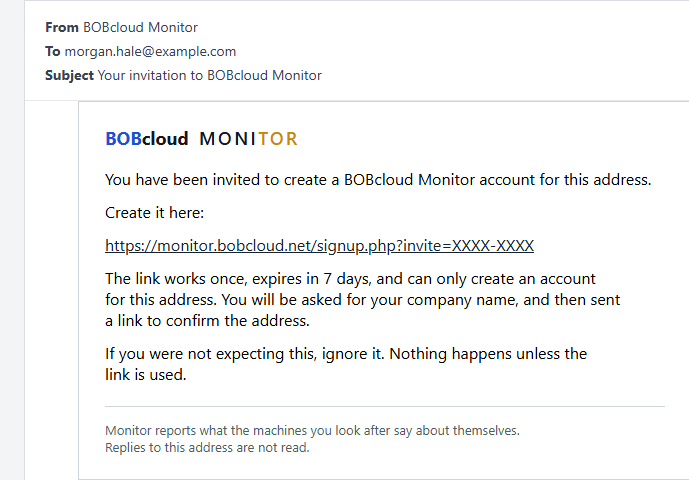 The invitation email, with its link shown as XXXX-XXXX