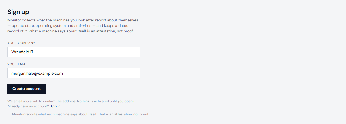 The sign-up form, with the company name Wrenfield IT and the address morgan.hale@example.com filled in