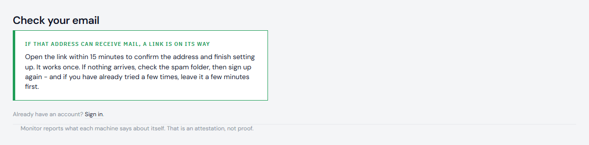 The Check your email page, saying a link is on its way