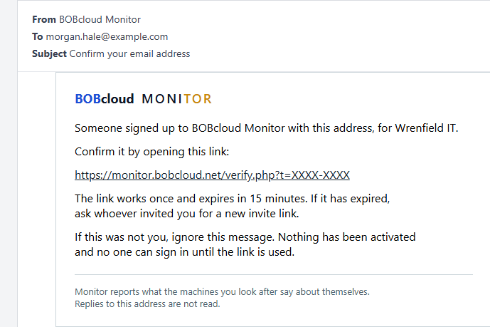 The confirmation email, with its link shown as XXXX-XXXX
