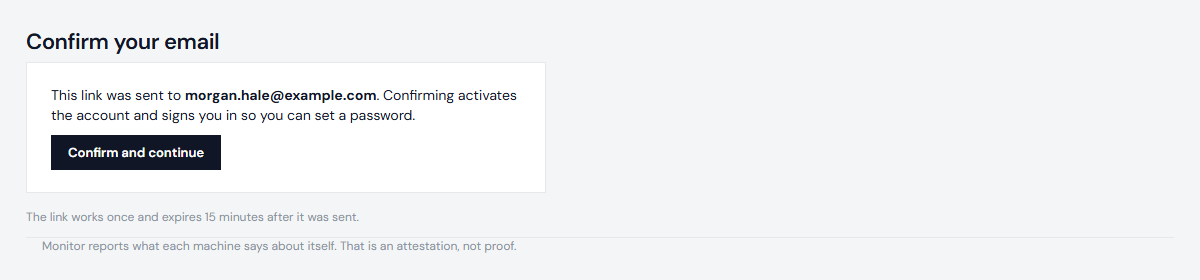 The Confirm your email page, with the Confirm and continue button