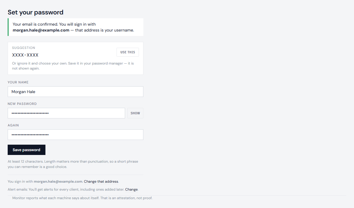 The Set your password page, with the name Morgan Hale filled in and the suggestion masked