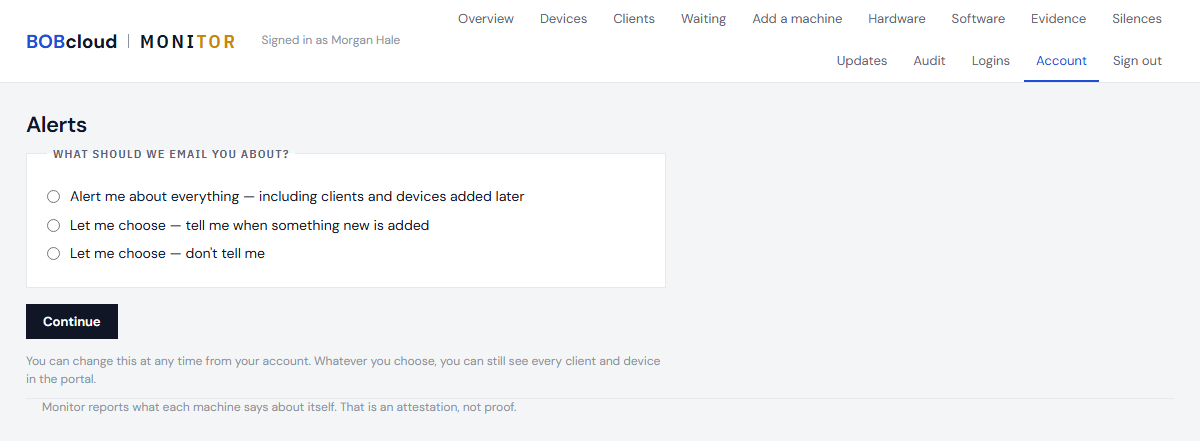 The question asked at first sign-in: which alerts to email