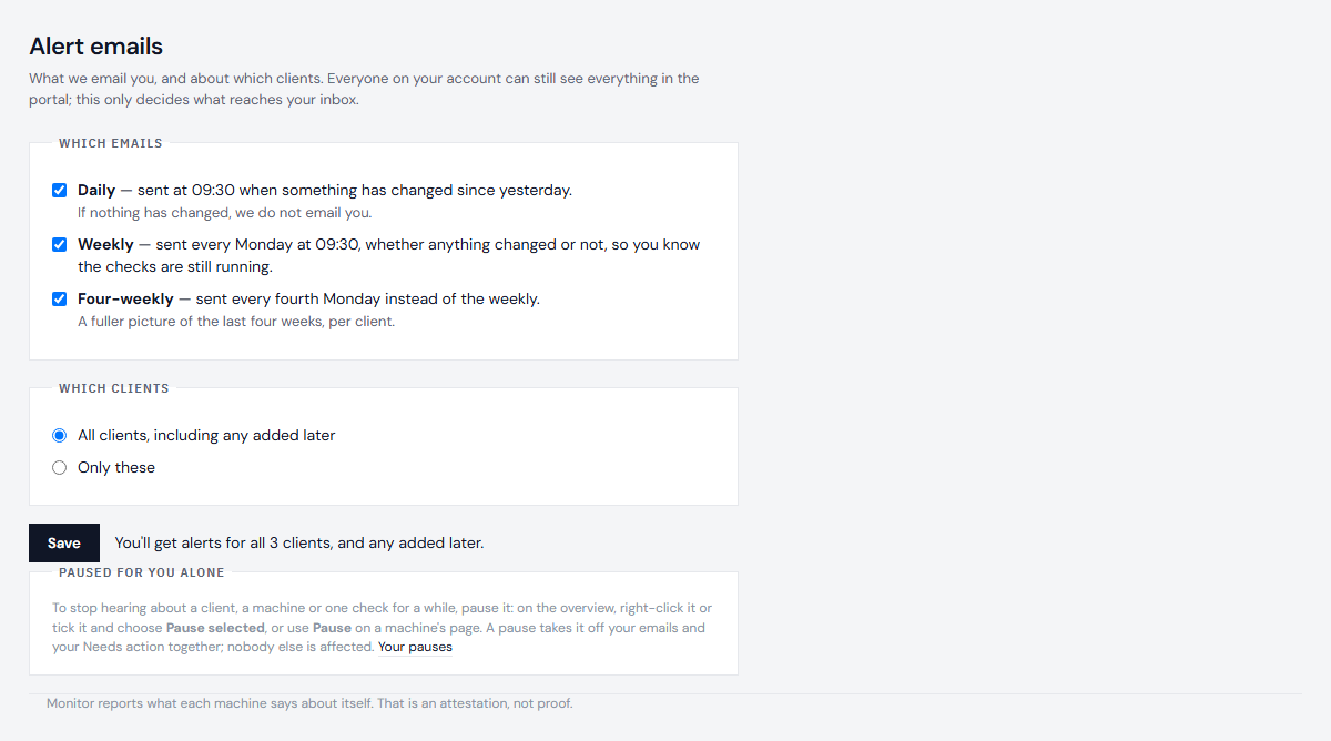 The Alert emails page: daily, weekly and four-weekly ticked, all clients chosen, and nothing stopped