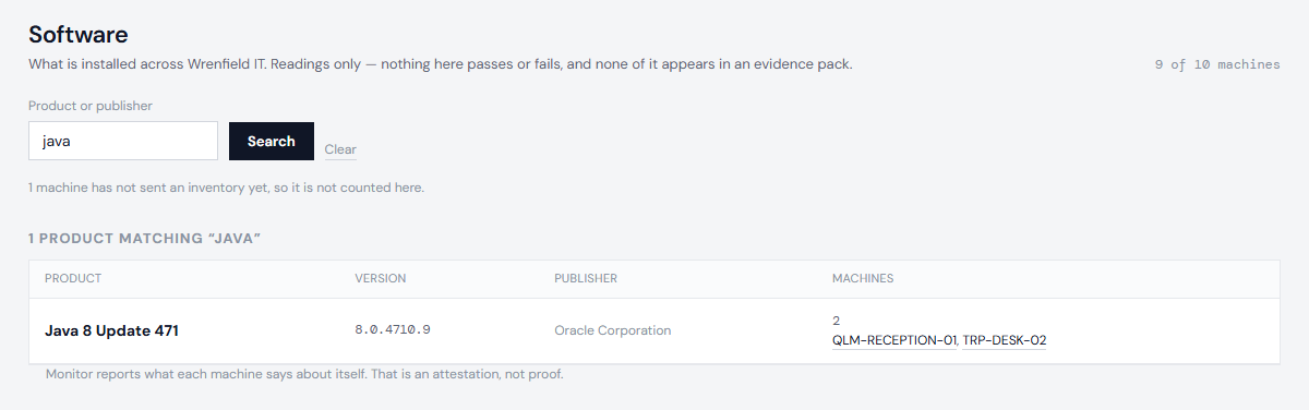 The Software page searched for java: Java 8 Update 471, from Oracle, on two machines, QLM-RECEPTION-01 and TRP-DESK-02