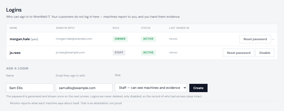 The Logins page for Wrenfield IT: Morgan Hale as owner and Jo Rees as staff, and the Add a login form filled in for Sam Ellis as staff