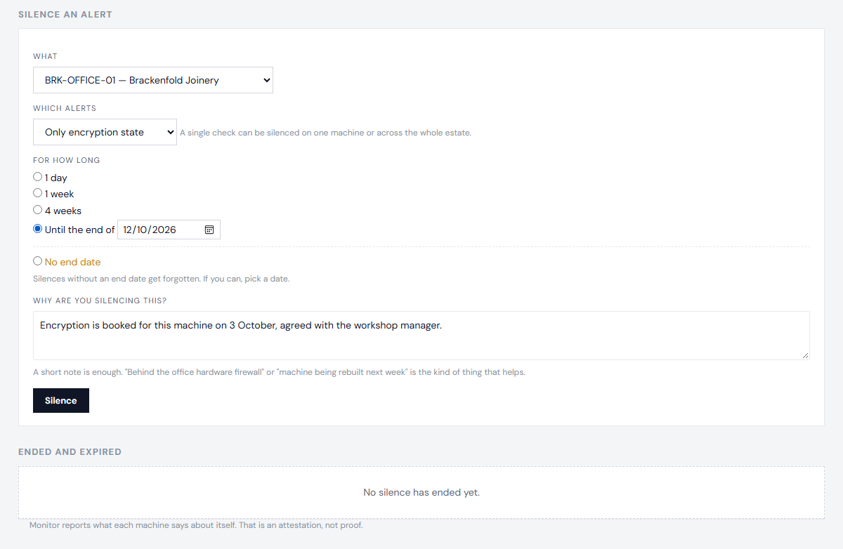 The Silence an alert form for the machine BRK-OFFICE-01, only its encryption check, until 10 October, with the reason written in