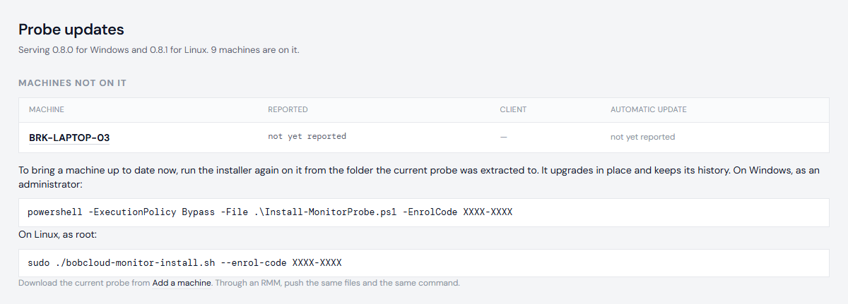 The Probe updates page: every machine on the current probe, and the command to reinstall it, with the code shown as XXXX-XXXX
