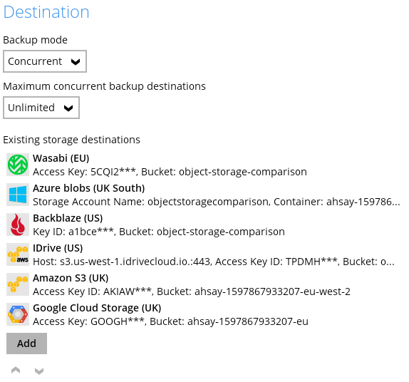 IDrive AWS Google Cloud Backblaze Azure Wasabi pre configured storage destinations
