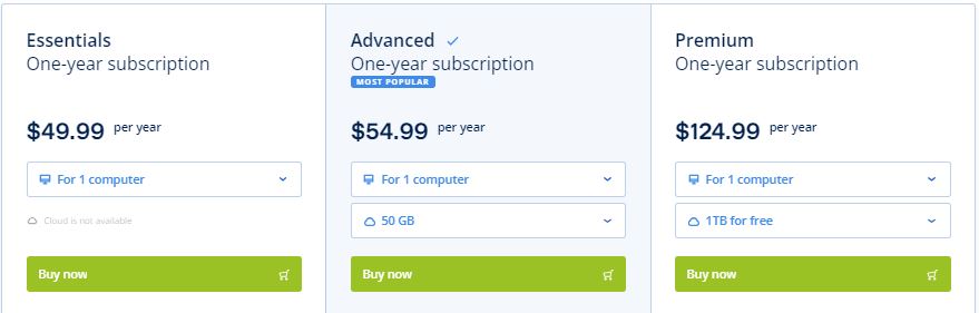 Acronis Cyber Protect Home Office Price & Subscription plans
