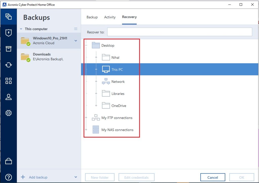 Acronis Recovery option