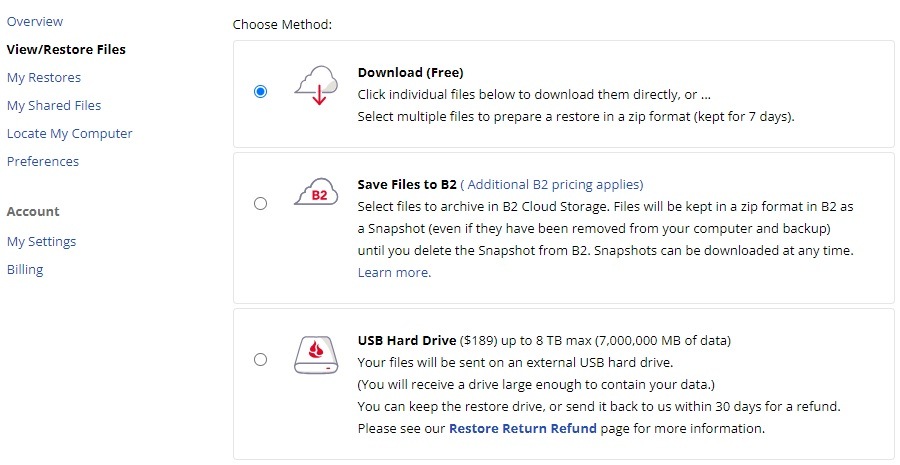 Backblaze Restore option