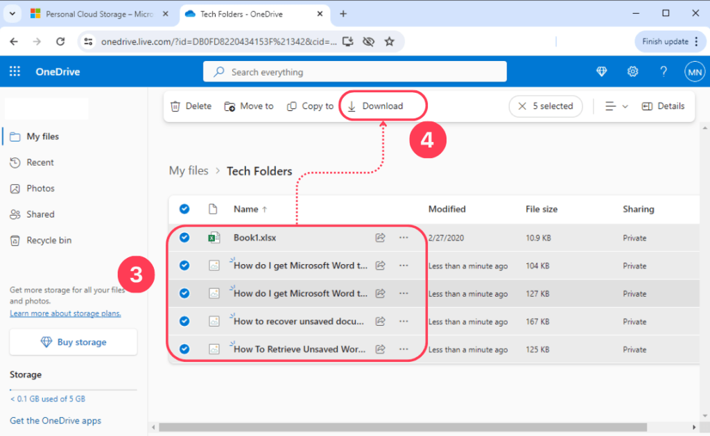 Select files you want to Download in OneDrive page