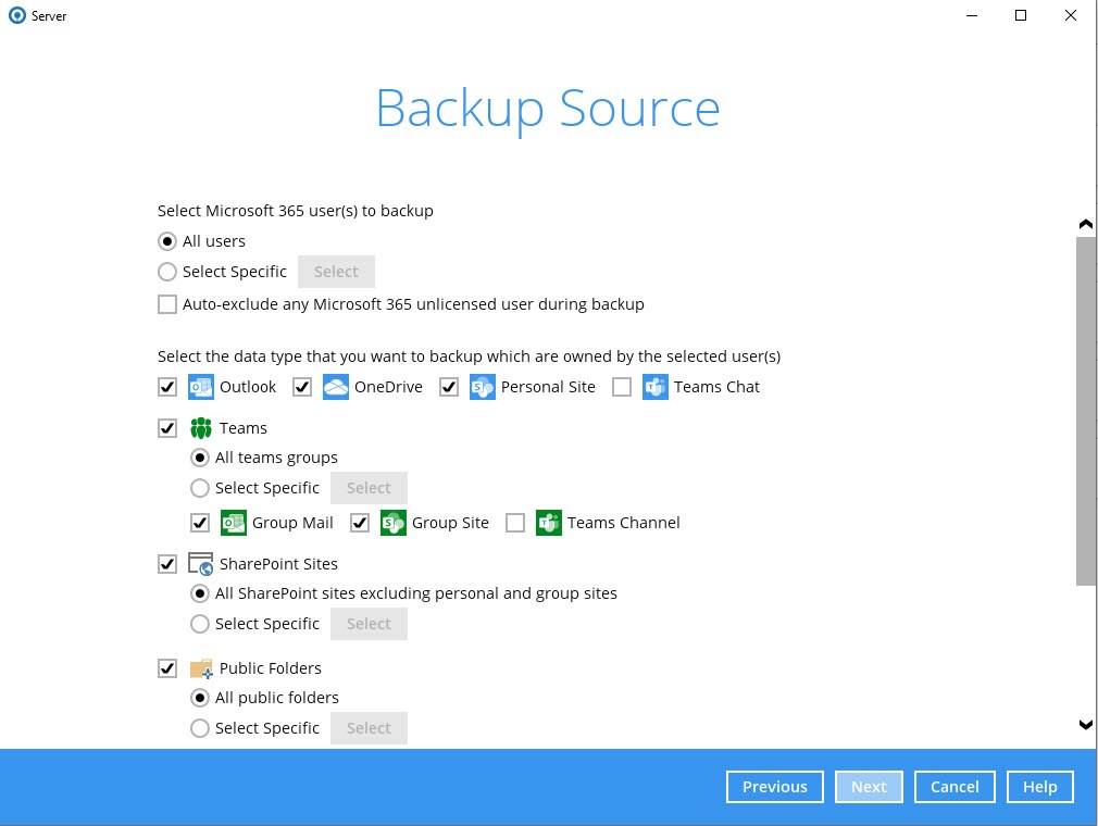 M365 backup source selection