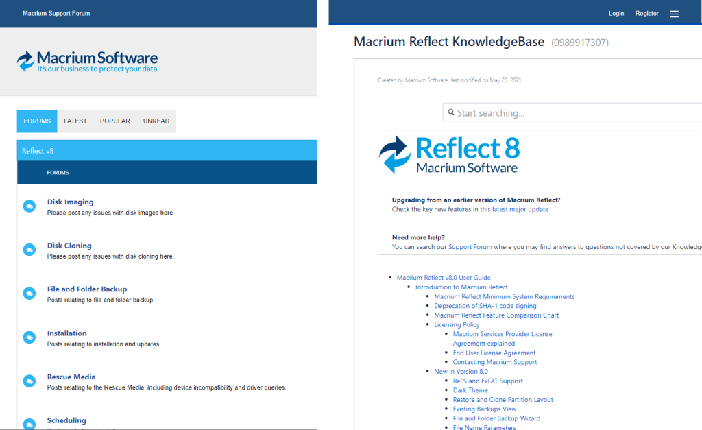 Macrium knowledge base and Forum