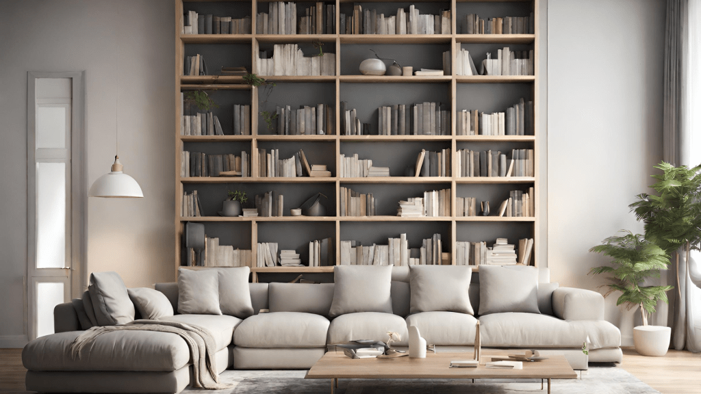 A living room with a sectional couch and a coffee table in front of a large bookshelf.
