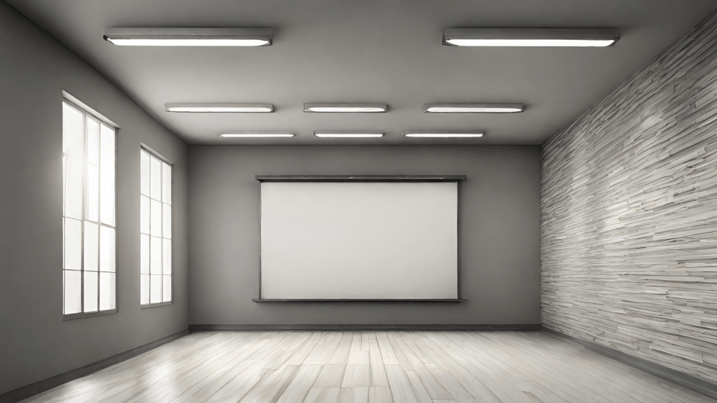 An empty room with a projector screen and wooden floor.